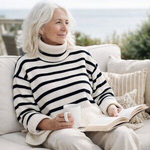 GAP Black & White Striped Cotton Chunky Oversized Turtleneck Sweater | Size L